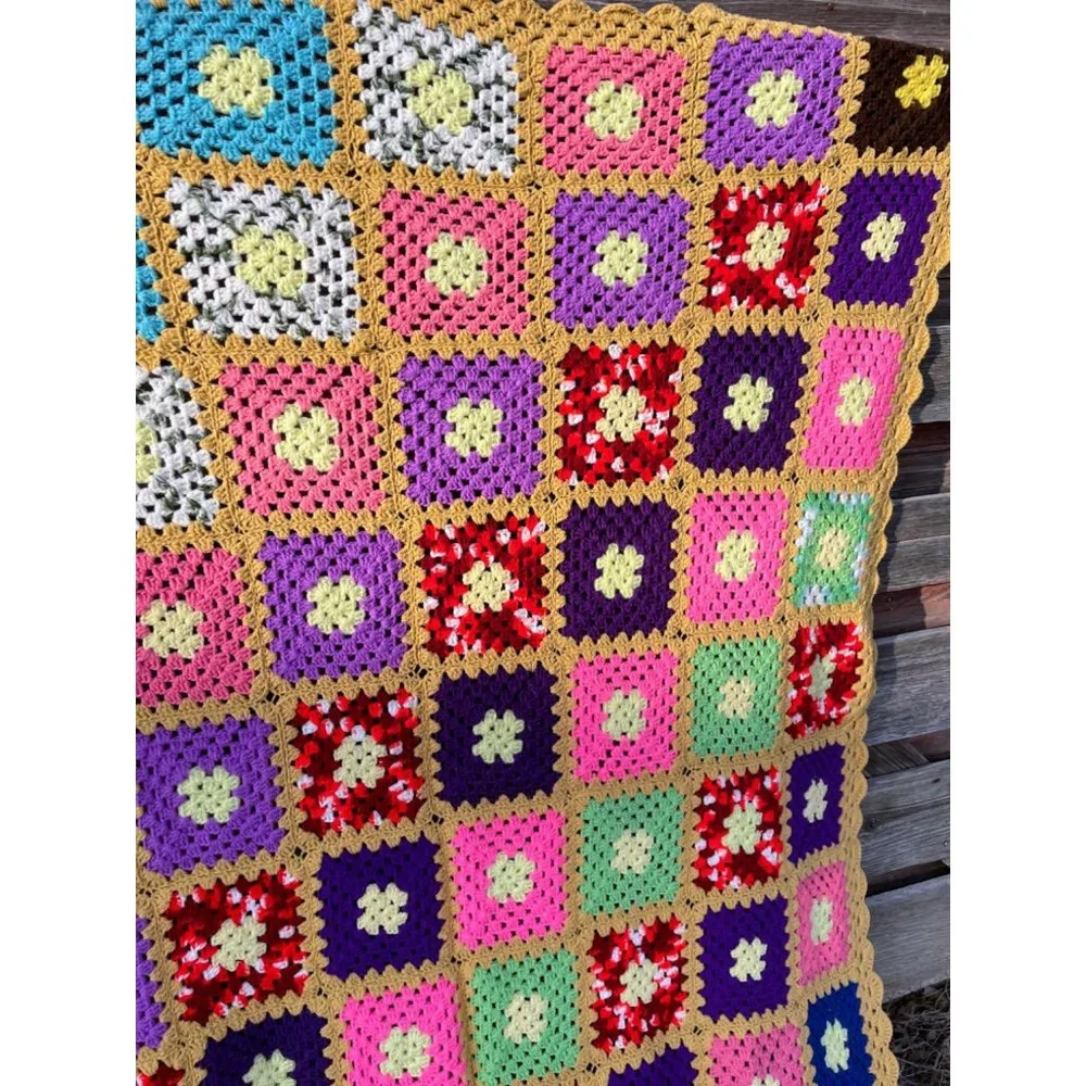 Vintage Colorful Granny Square Crochet Afghan 75x56" - Picture 16 of 16